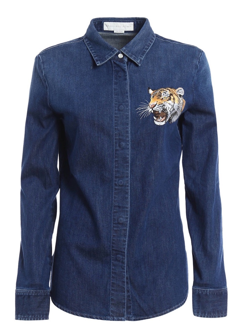 Dark Blue Denim Button-Up Shirt with Embroidered Tiger